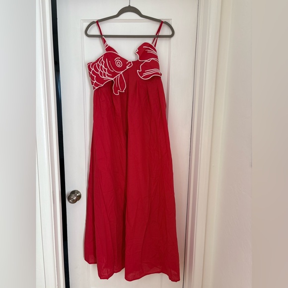 Women Red Koi Fish Spaghetti Strap Maxi Dress - Picture 5 of 6